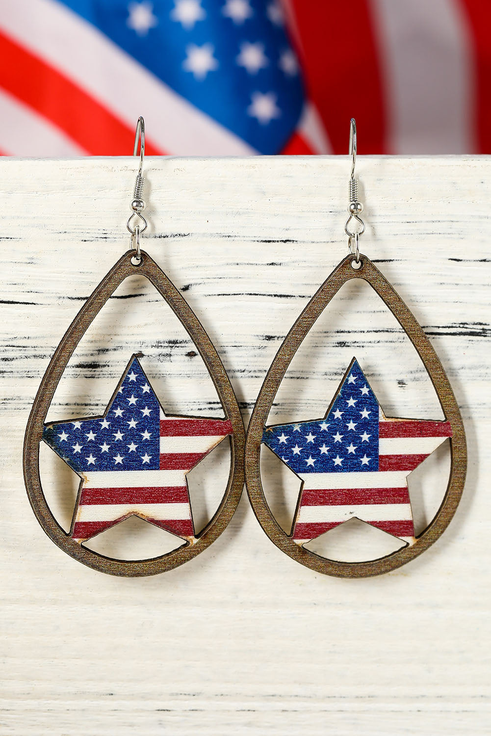 American Flag Heart Shape Hollowed Wood Drop Earrings