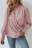 Solid Surplice Neck Shirred Cuffs Draped Blouse