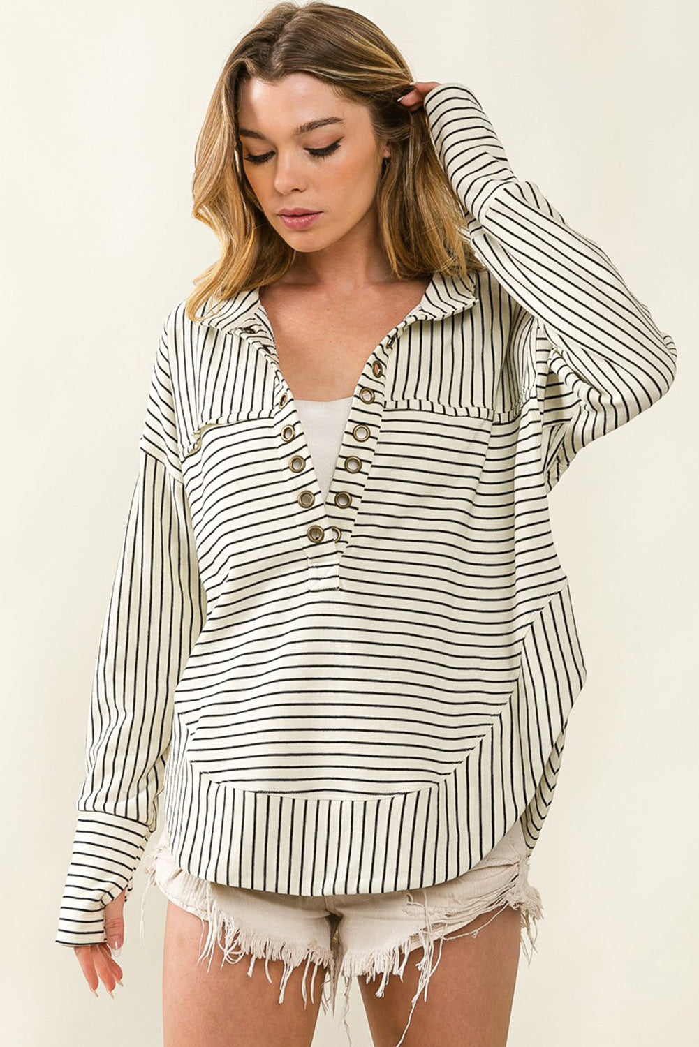 Striped Thumbhole Drop Shoulder V Neck Top