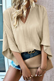 Parchment Solid V Neck Wide Sleeve Crinkled Blouse