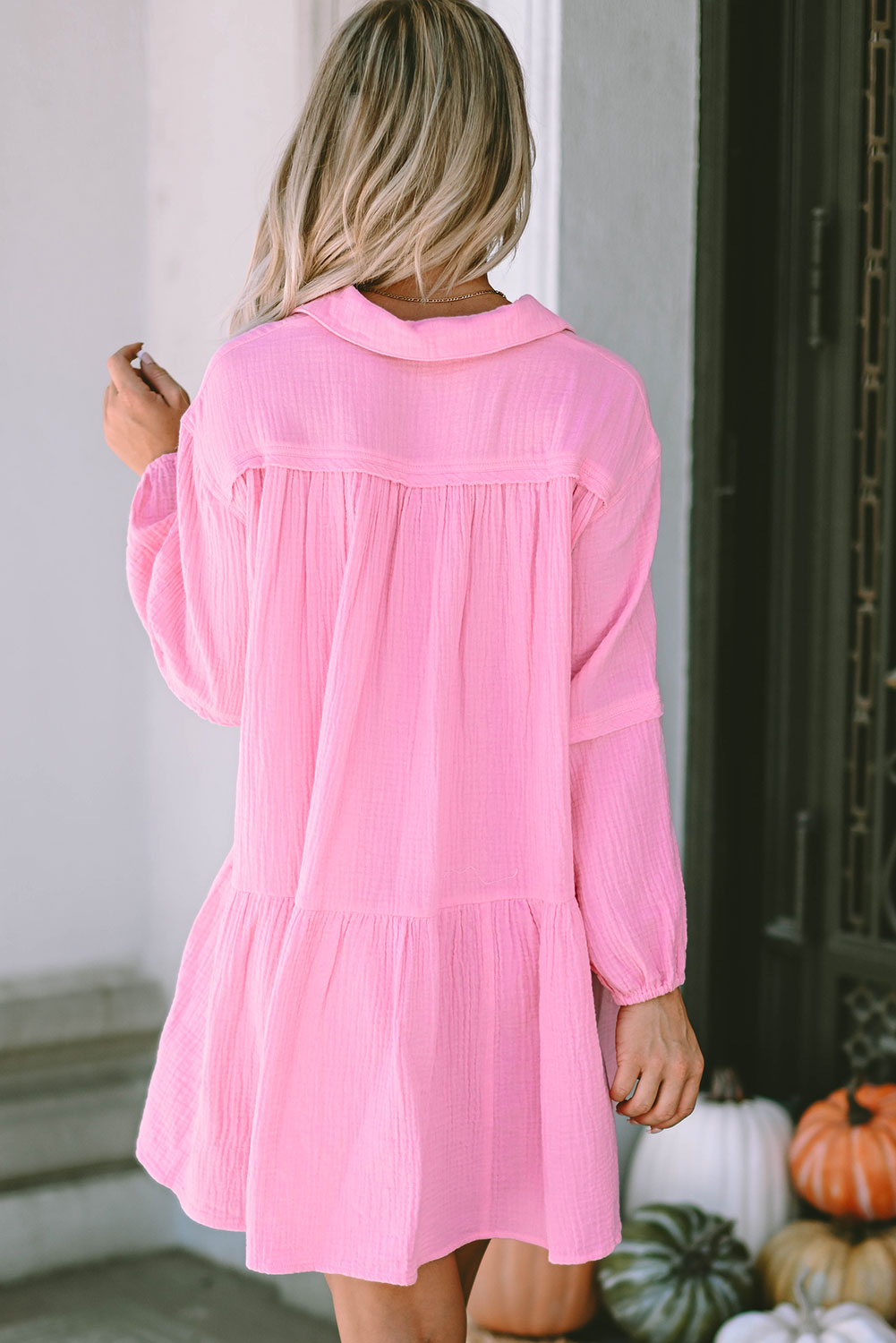 Turn-down Neck Textured Bubble Sleeve Dress