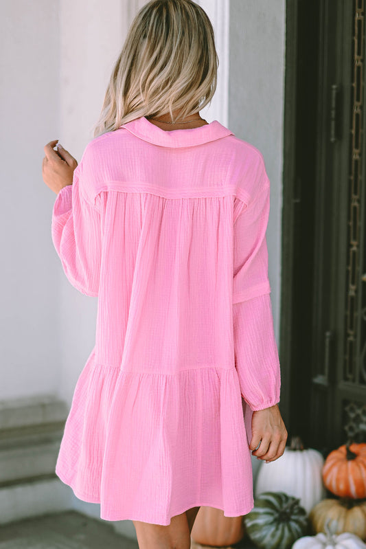 Turn-down Neck Textured Bubble Sleeve Dress