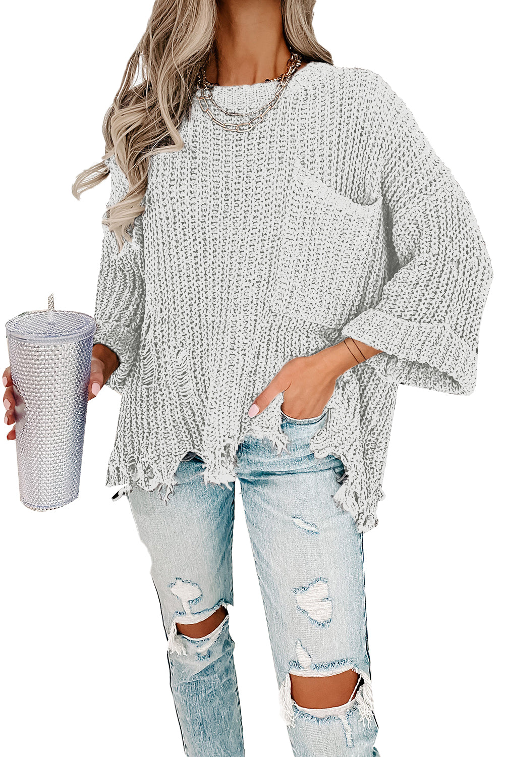 Gray Ripped Raw Hem Chunky Pullover Sweater