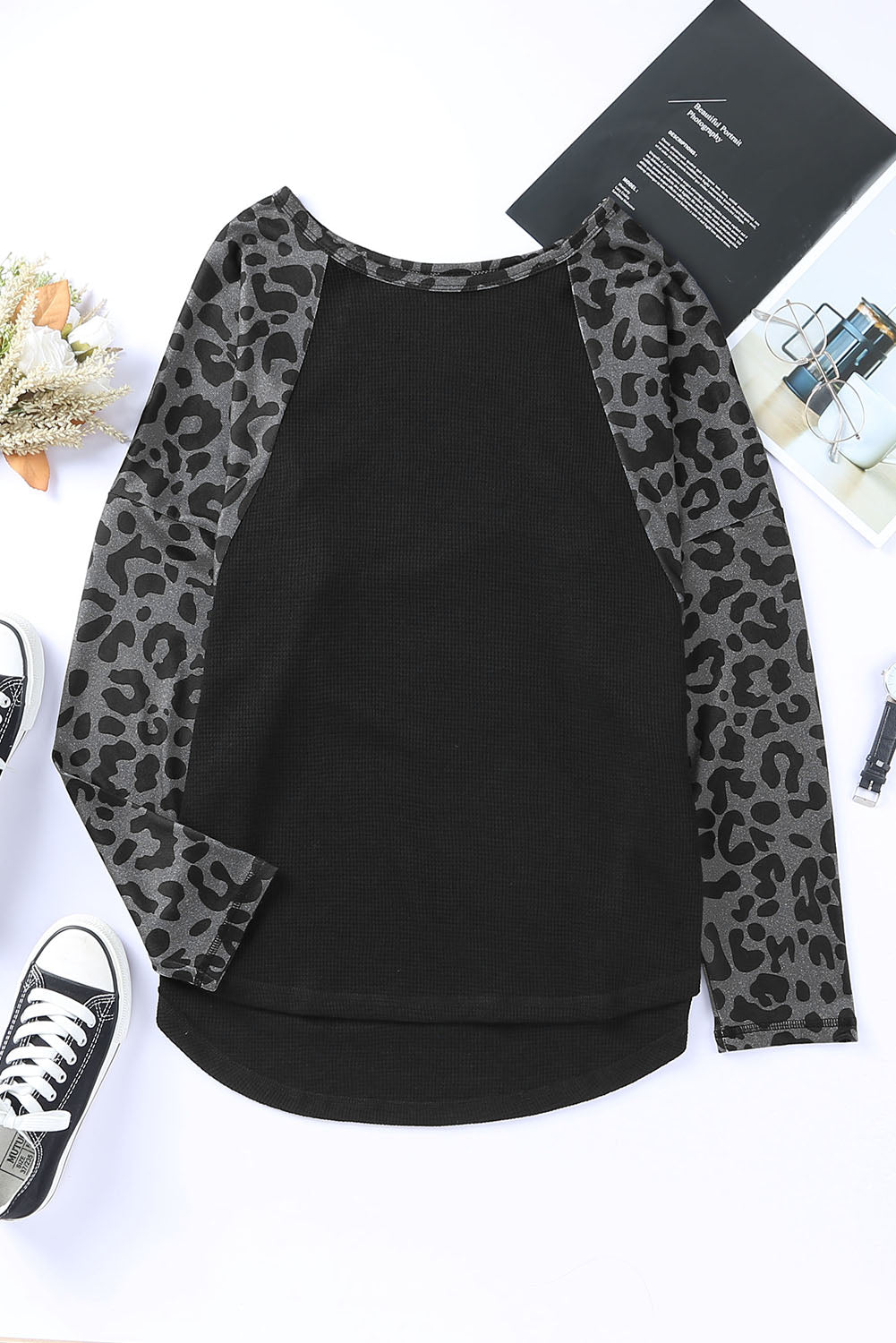 Leopard Raglan Sleeve Waffle Knit Plus Size Top