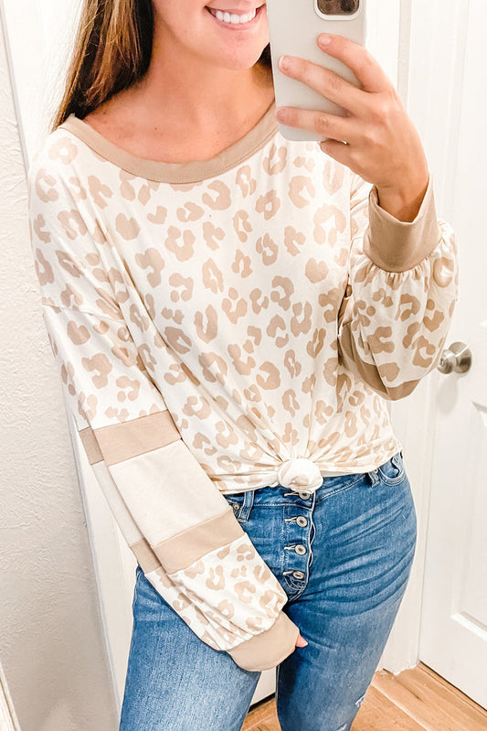 Leopard Print Round Neck Puff Sleeve Top