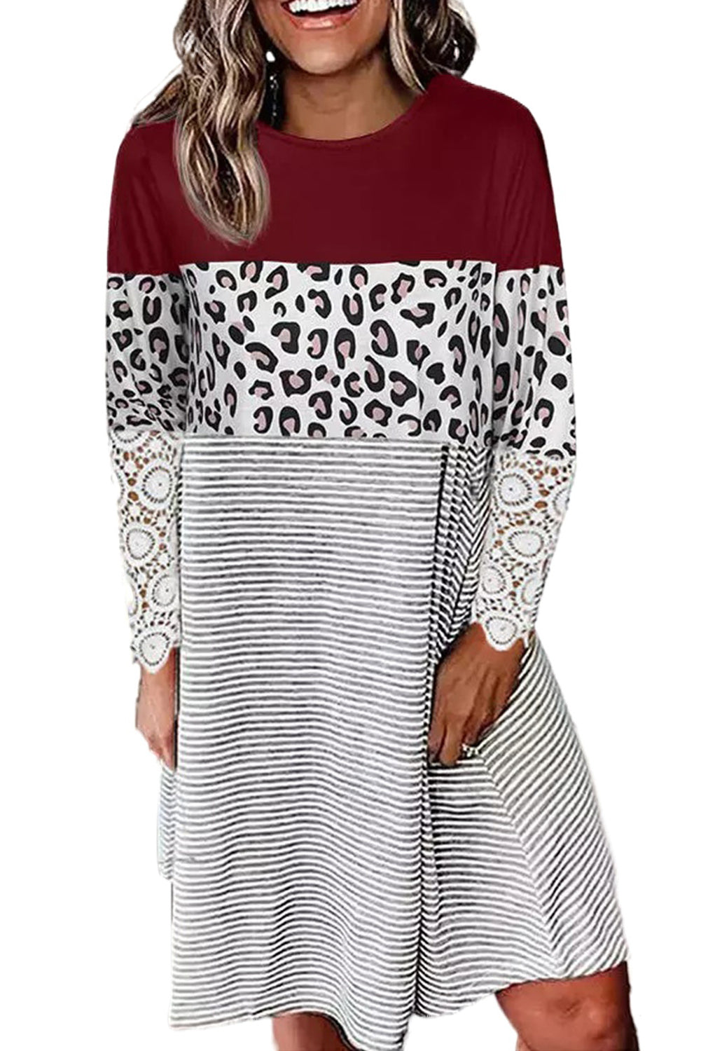 Striped Leopard Patchwork Lace T Shirt Dress