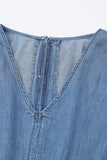 V Neck Smocked Waist Pocketed Chambray Romper