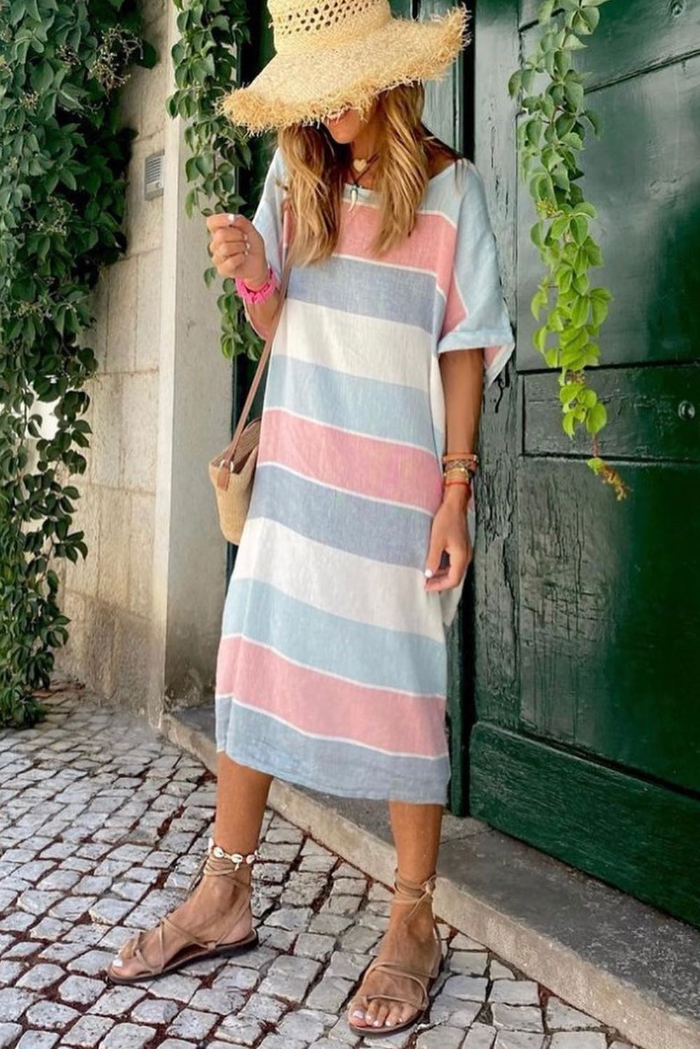 Striped Color Block Loose Fit 3/4 Sleeve Dress