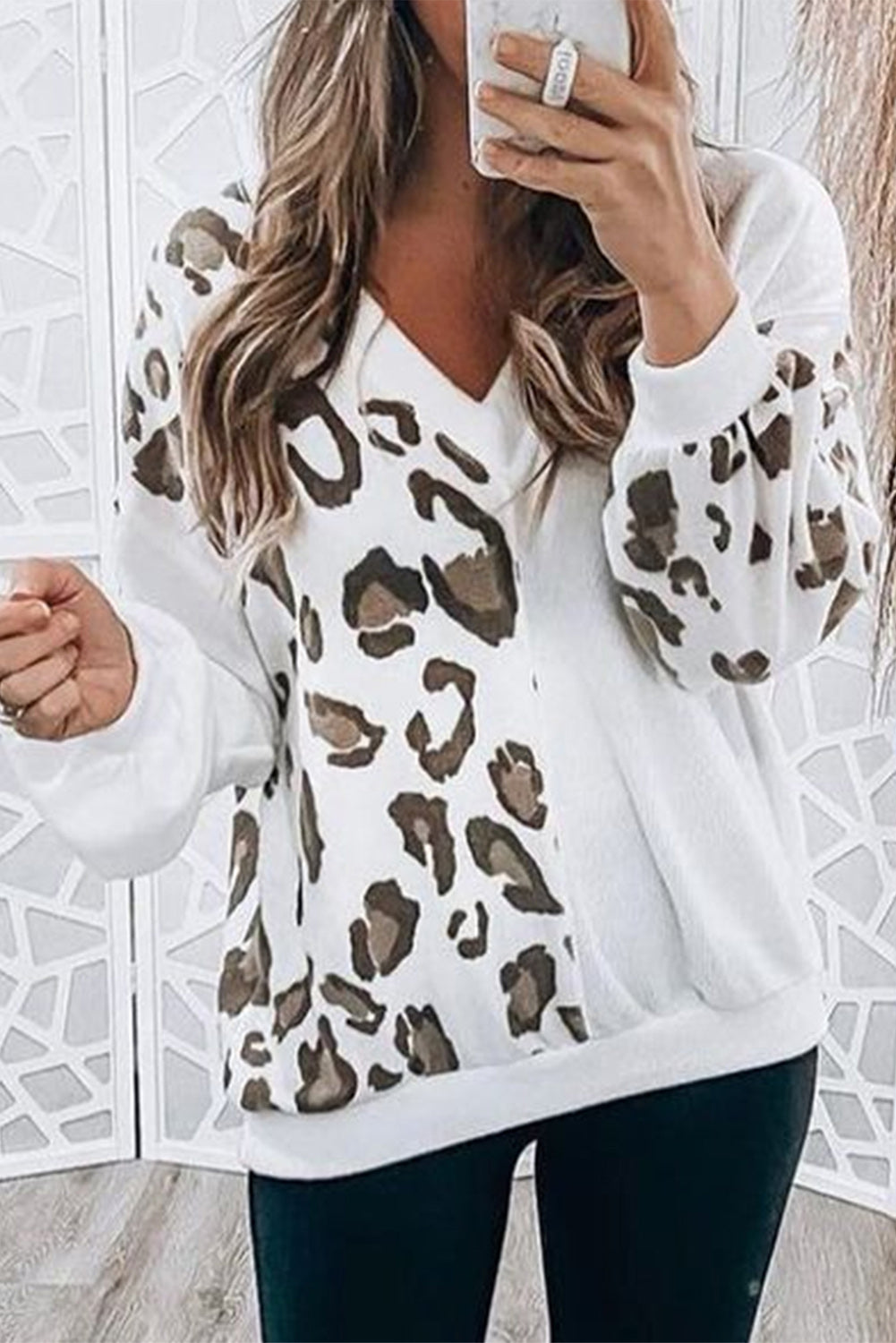 Leopard Patchwork V Neck Long Sleeve Top