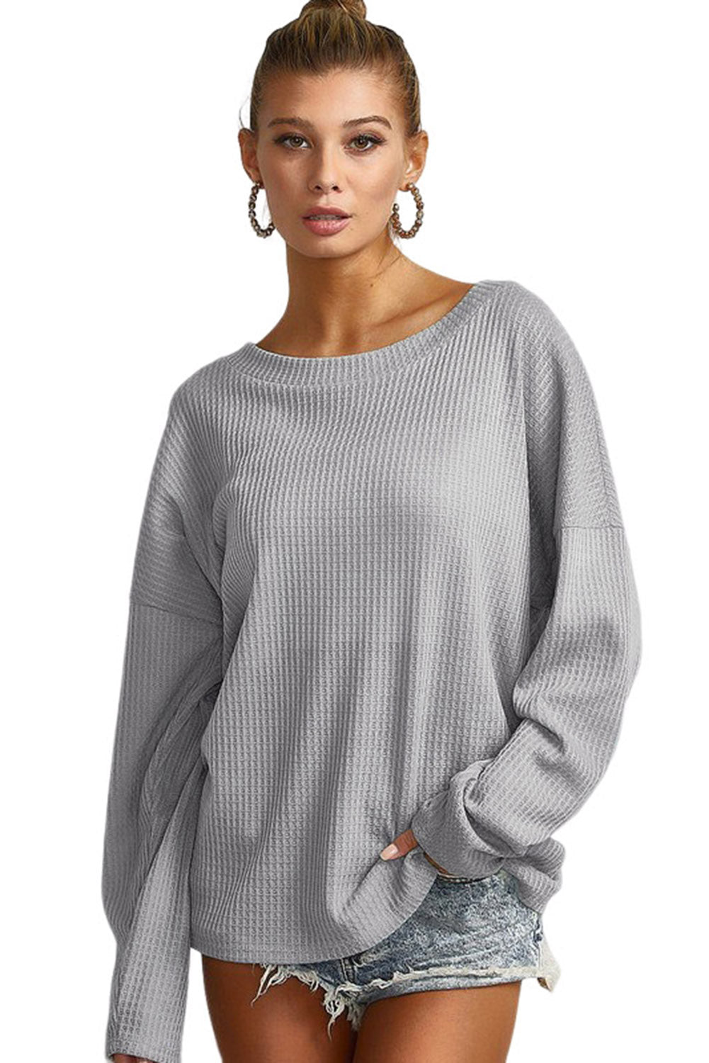 Gray V Cut Drawstring Back Waffle Knit Long Sleeve Top