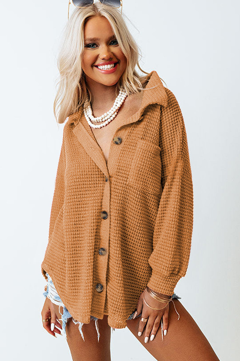 Chemise décontractée boutonnée en tricot gaufré noir