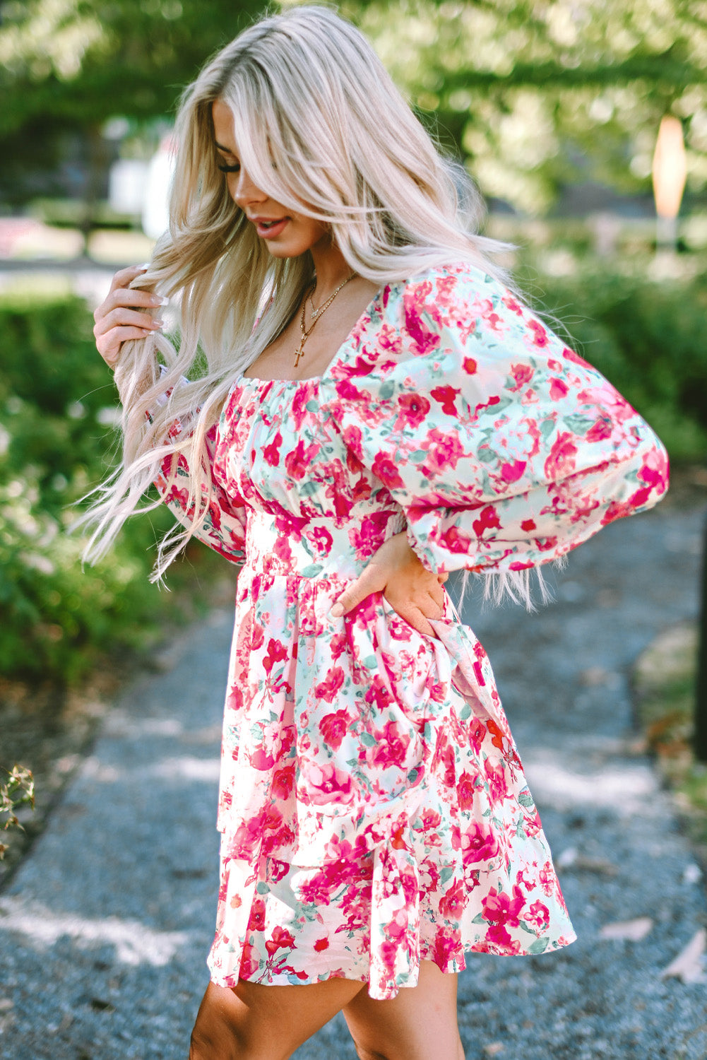 Ruffle Tiered High Waist Puff Sleeve Floral Dress