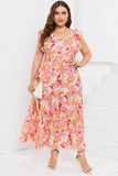 Floral Print Shirred Ruffled Sleeveless Plus Size Dress