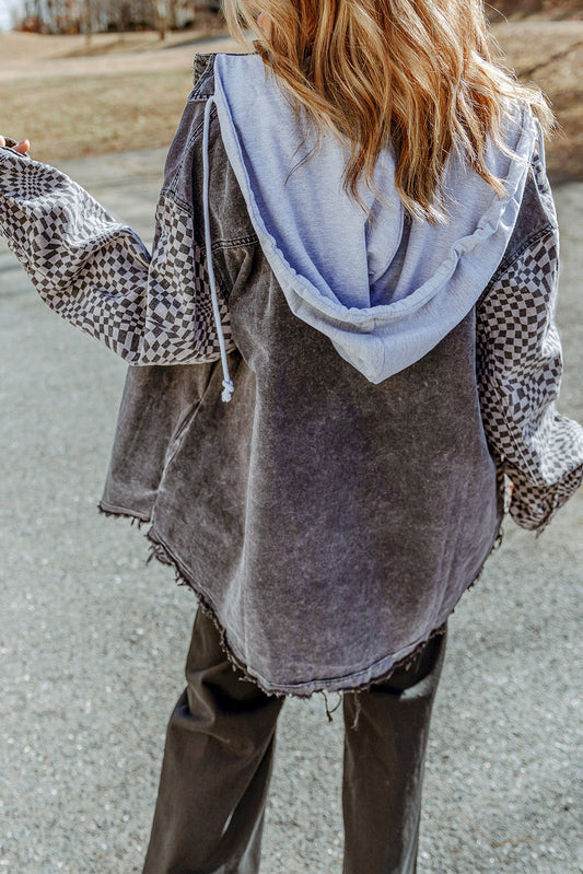 Veste en jean à capuche et ourlet effiloché gris à carreaux et patchwork