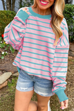 Pink Stripe Trimmed Round Neck Drop Shoulder Loose Sweater