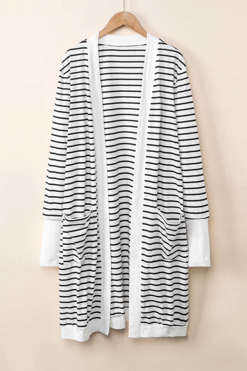 Striped Side Pockets Open Front Cardigan