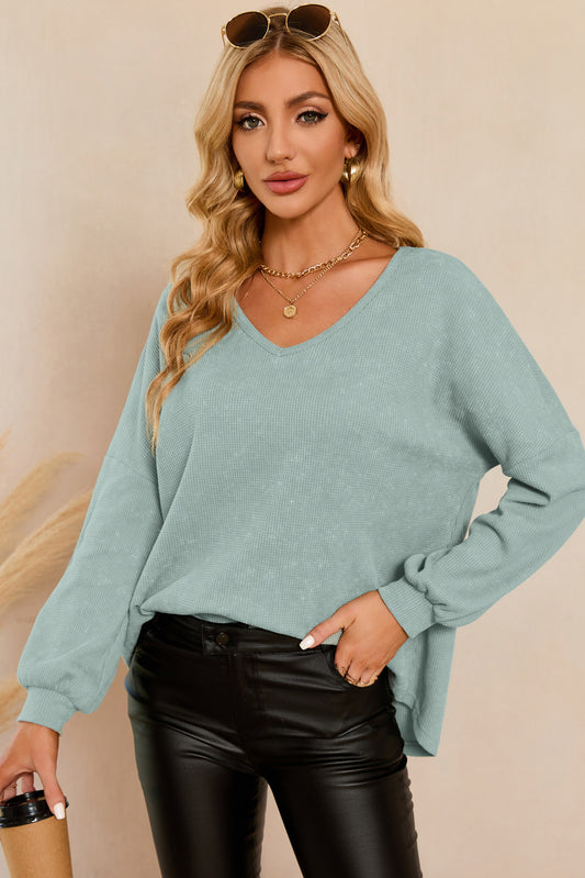 Waffle Knit V Neck Long Sleeve Loose Tunic Top