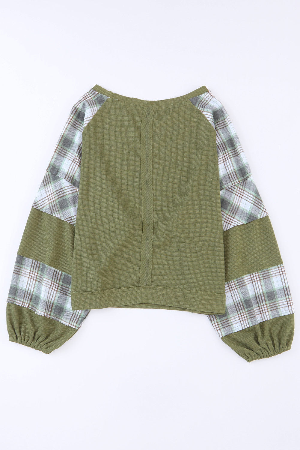 Plaid Patch Waffle Knit Exposed Seam Bubble Sleeve Top