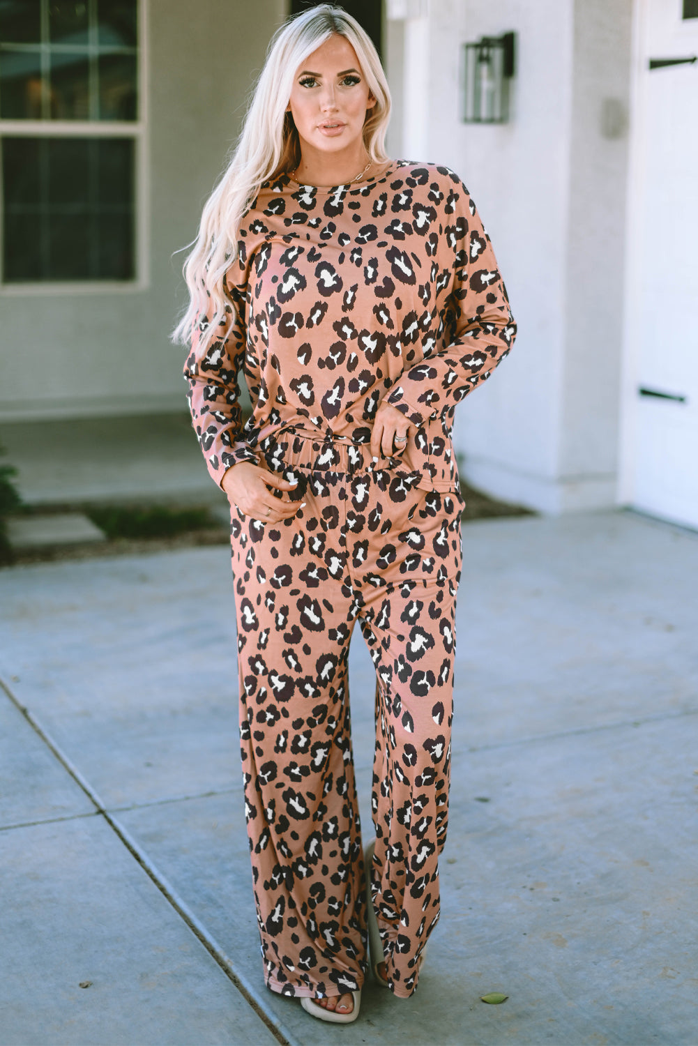 Leopard Print Long Sleeve Pullover and Pants Outfit