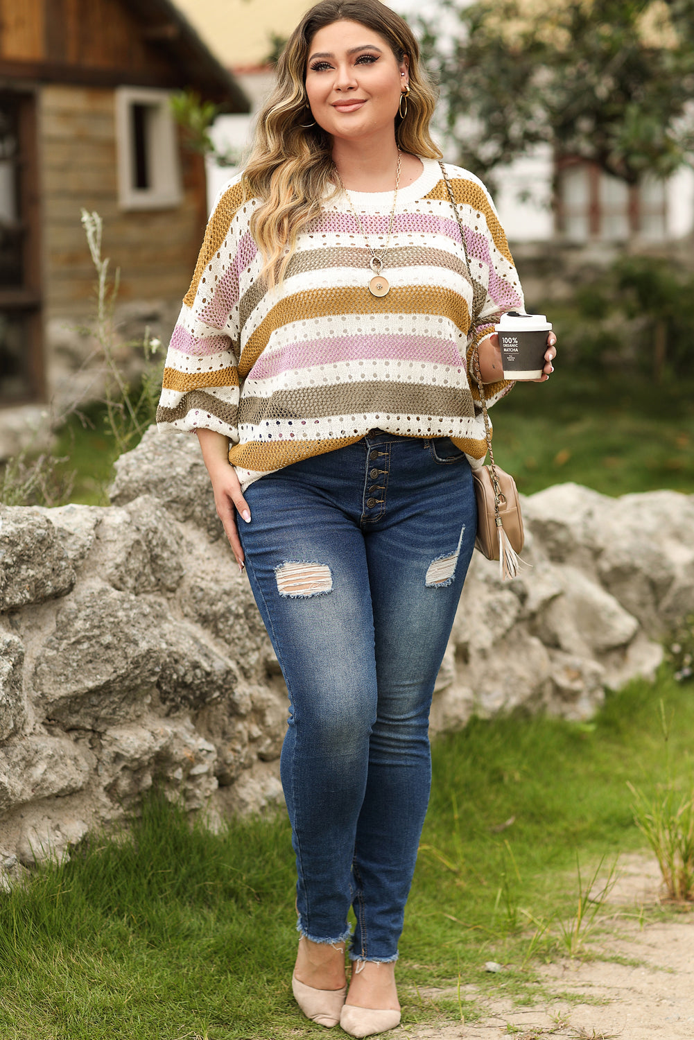 Striped Hollowed Knitted Loose Sweater