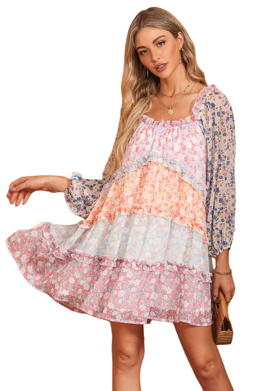 Floral Colorblock Tiered Puff Sleeve Dress