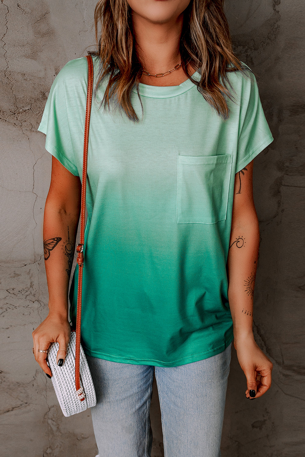 Gradient Color Short Sleeve T-Shirt with Pocket