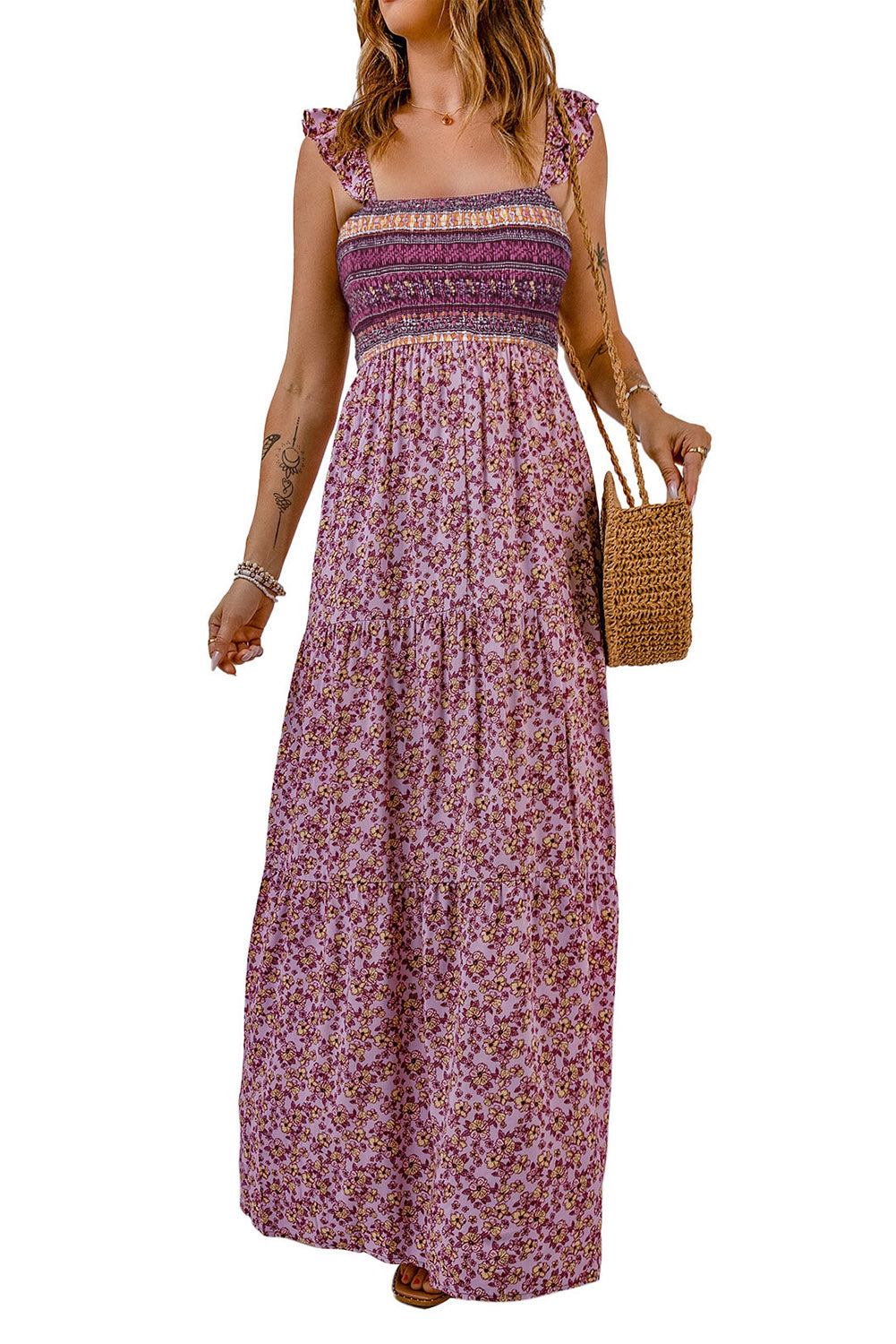 Shirred Ruffled Sleeveless Floral Maxi Dress