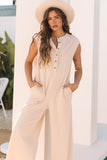 Smoke Gray Textured Buttoned Wide Leg Sleeveless Jumpsuit