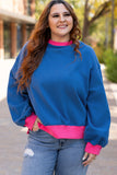 Sky Blue Color Block Edge Balloon Sleeve Plus Size Sweatshirt