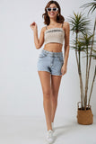 Diamond Studded Vintage Wash Denim Shorts