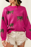 Rose Red Fierce Animal Pattern Casual Knitted Sweater