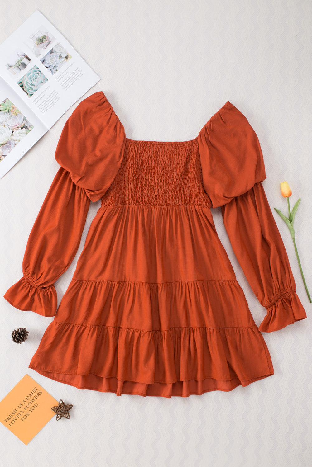 Boho Solid Shirred Ruffle Mini Dress