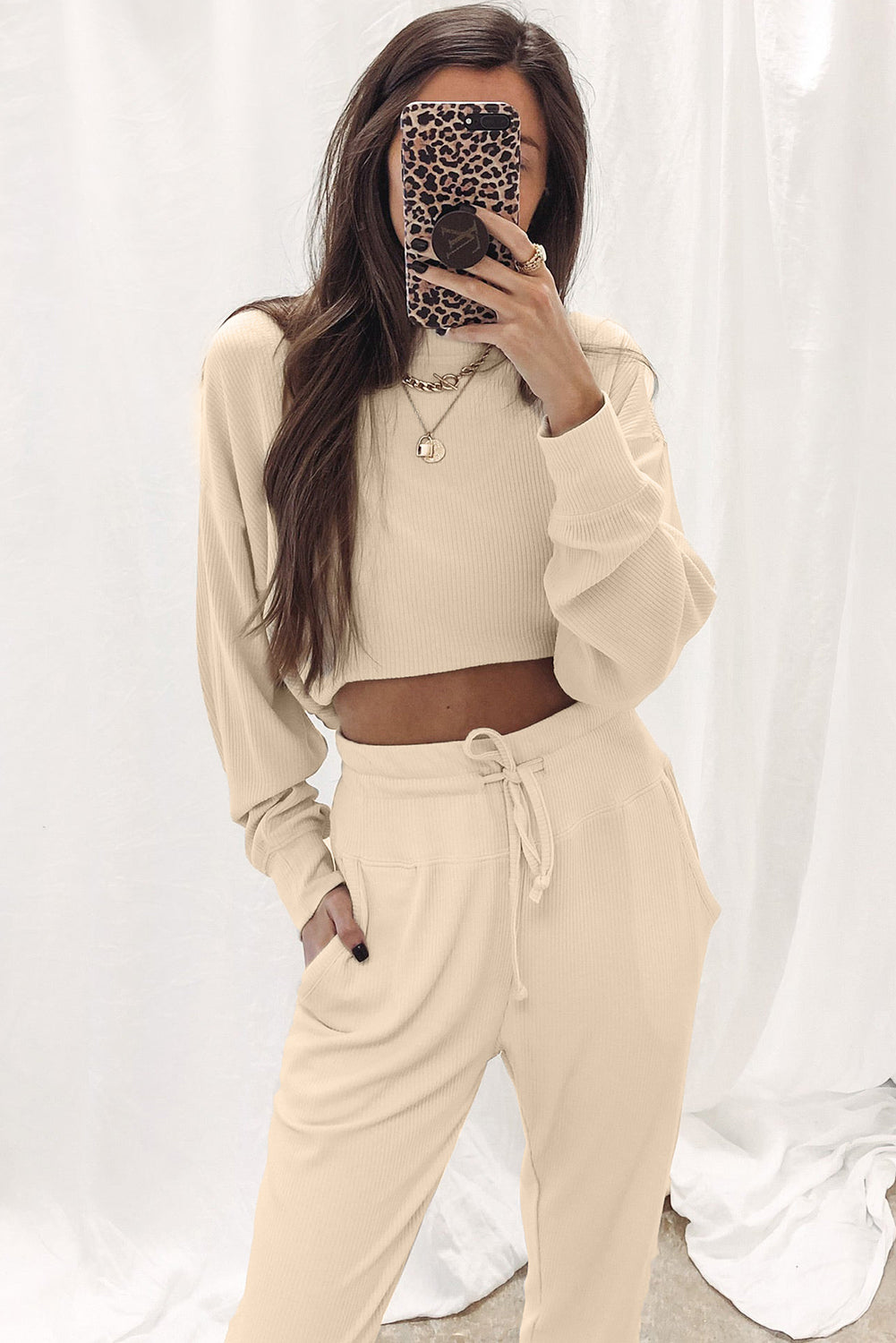 Ribbed Long Sleeve Drawstring Pants Set