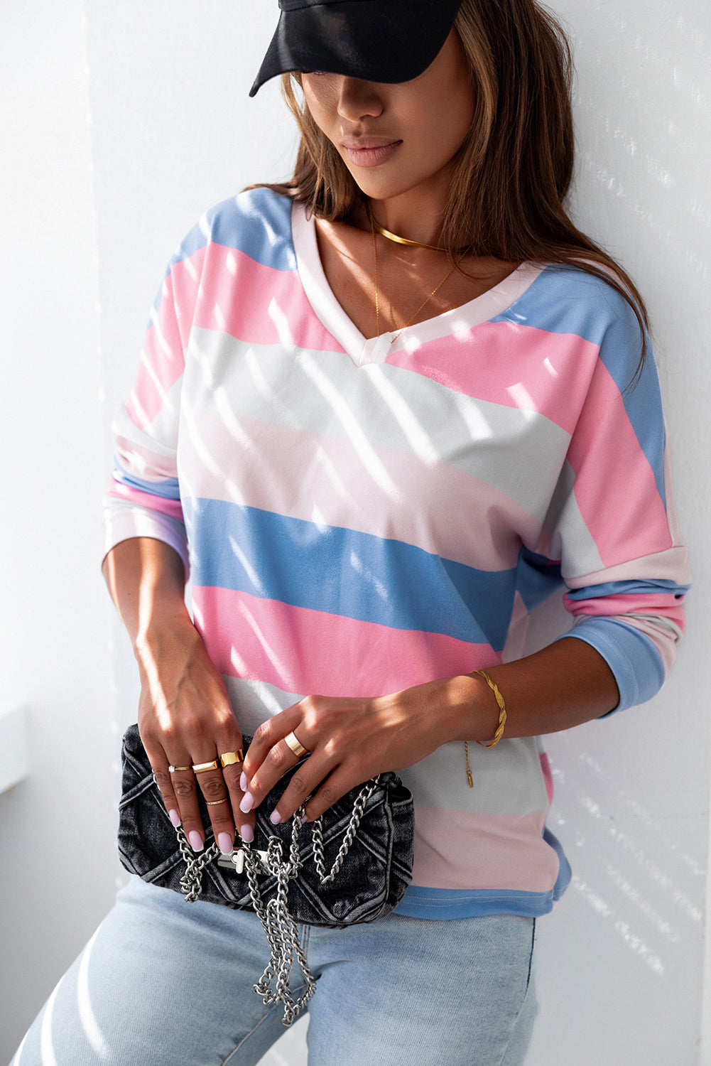 Pink Contrast Striped V Neck Long Sleeve Top