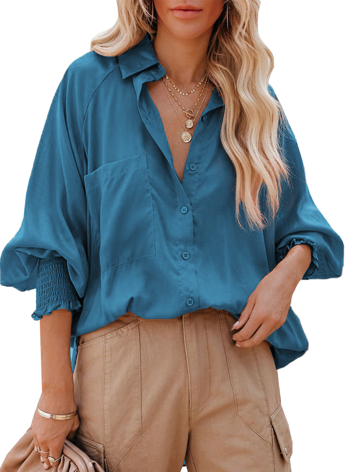 Billowy Sleeves Pocketed Shirt