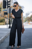 Sleeveless V Neck Belted Wide Leg Jumpsuit