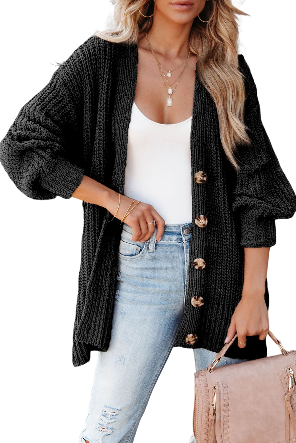 Buttoned Front Drop Shoulder Knitted Cardigan