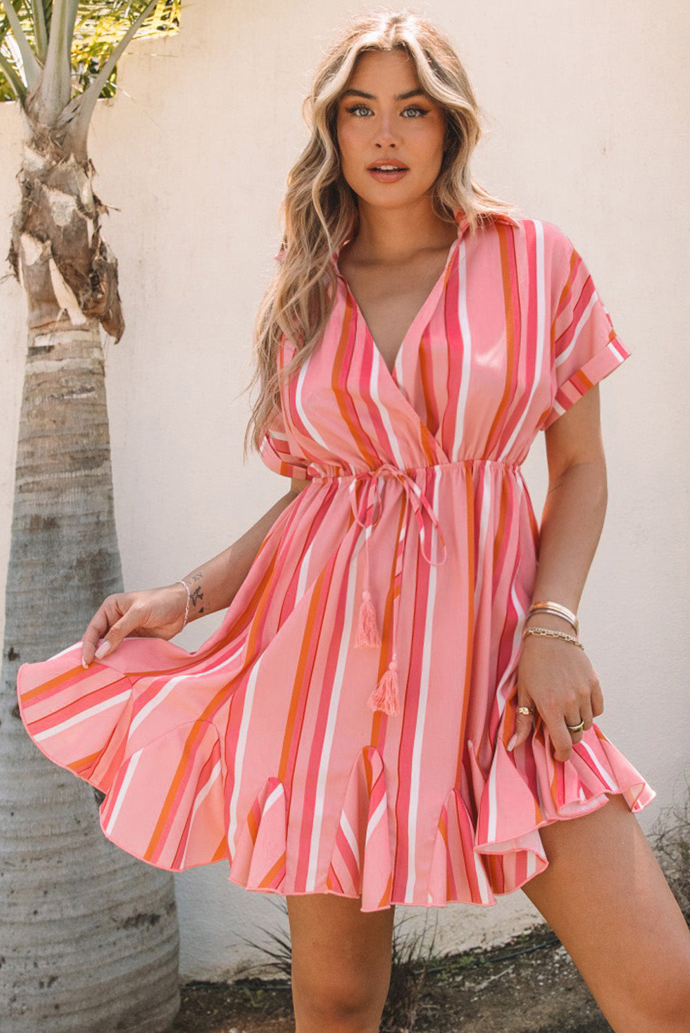 Stripe Print Rolled Short Sleeve V Neck Mini Dress