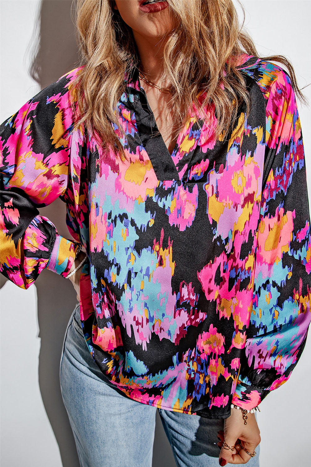 Green Graffiti Printed V Neck Puff Sleeve Blouse