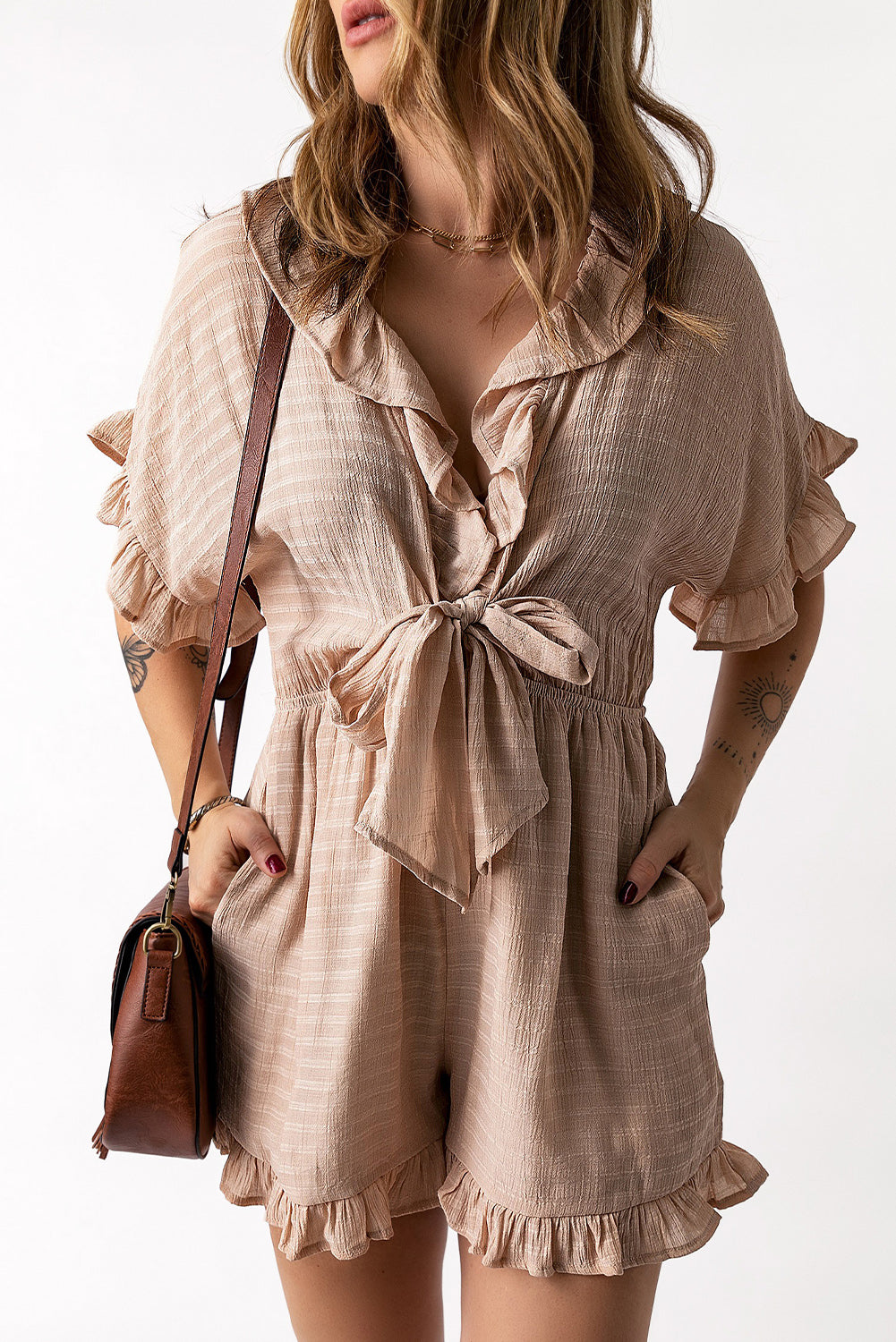 Ruffled High Waist Short Sleeve V Neck Romper