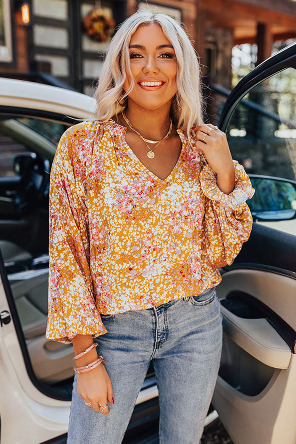 Split V Neck Floral Blouse