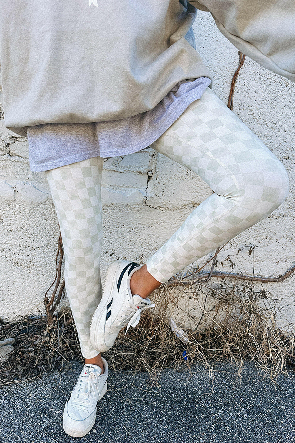 Khaki Checkered Pattern High Waist Skinny Leggings