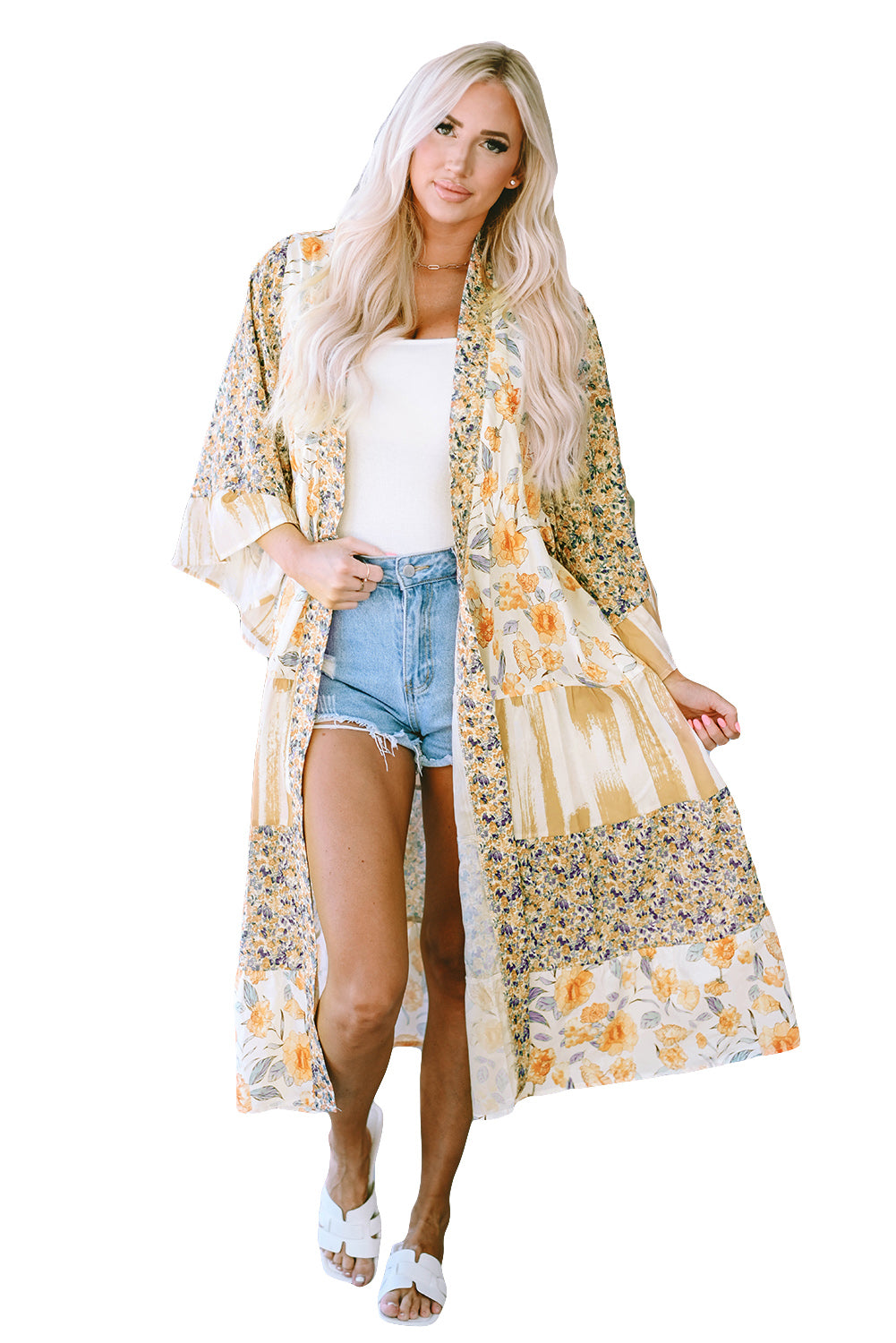 Wide Sleeve Mixed Floral Print Long Kimono