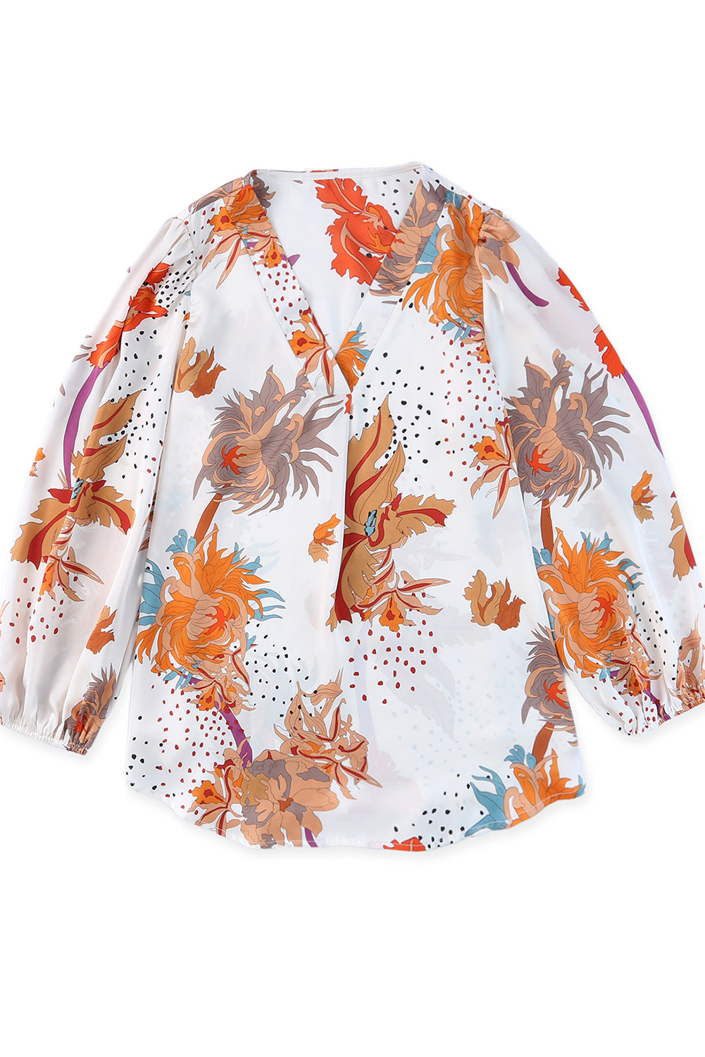 Blouse florale blanche à col en V et manches amples