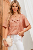 Notched V Neck Buttoned Front Textured Loose Top