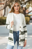 Green Colorblock Textured Knit Buttoned Cardigan