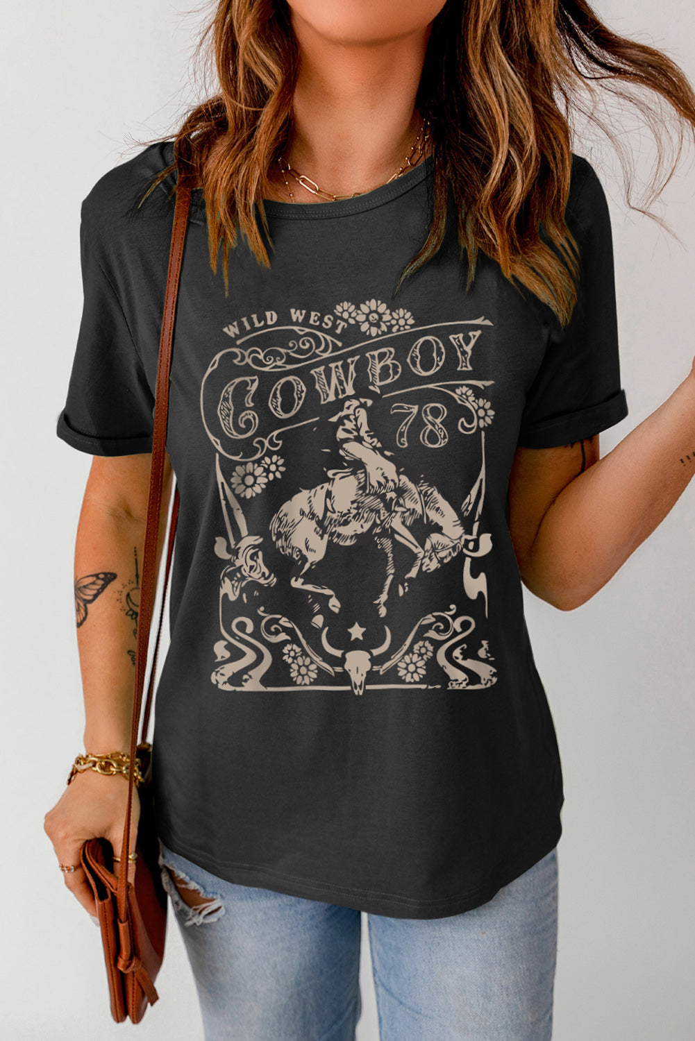 T-shirt noir à col rond graphique Western COWBOY 78 