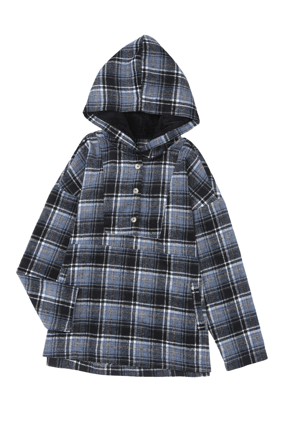 Plaid Button Neck Pocketed Pullover Hoodie