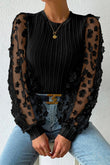 Floral Applique Mesh Sleeves Textured Knit Blouse