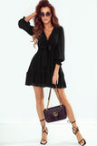 Deep V Neck Lantern Sleeve Knotted Tiered Mini Dress